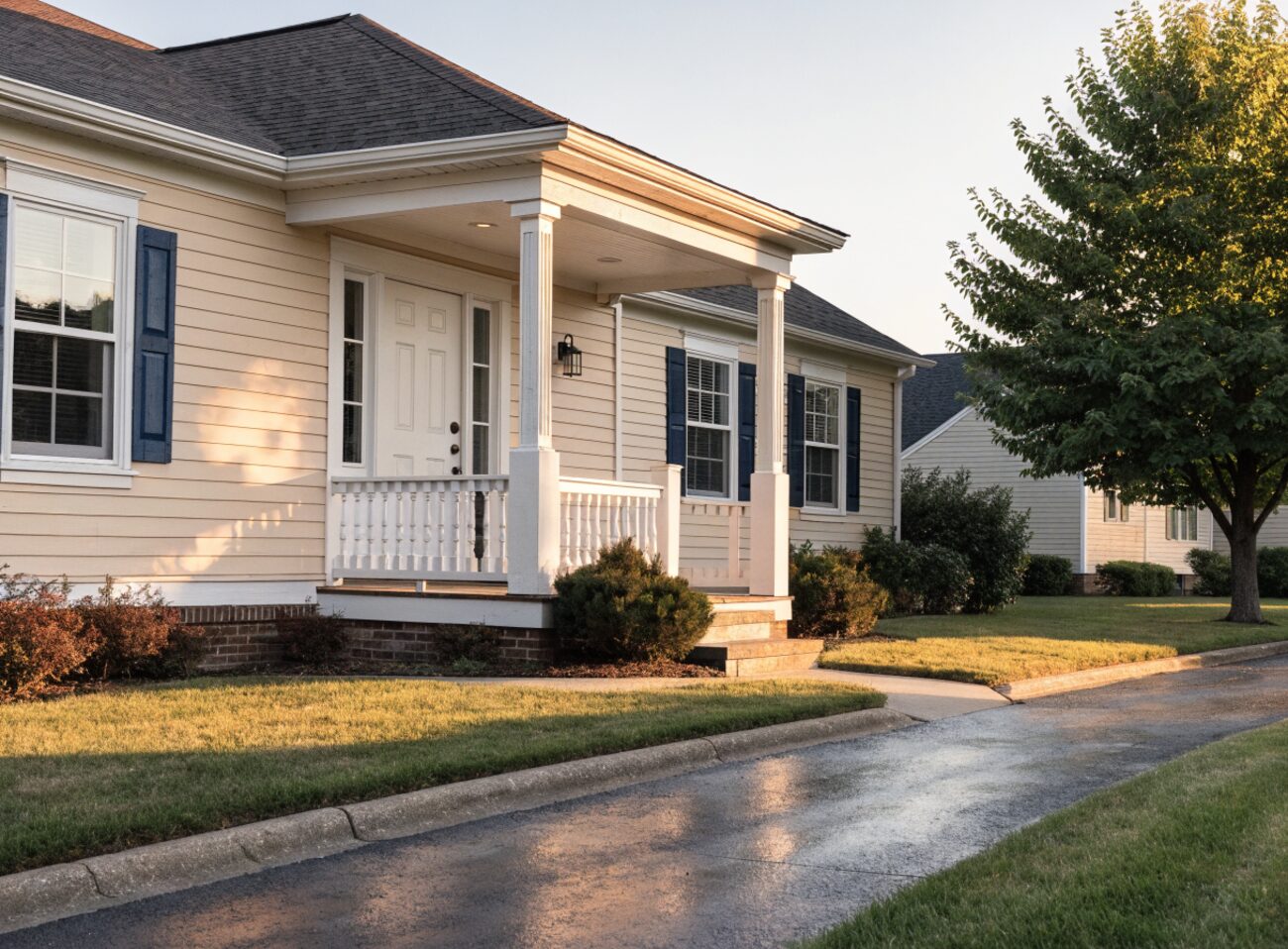 A tidy, well-kept suburban home at golden hour